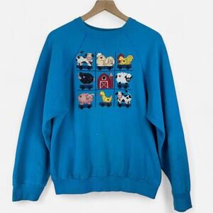 Vintage 90s Tultex farm animal crewneck blue cross stitch graphic size L